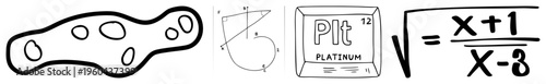 Hand drawn doodle collection featuring geometric shapes, algebraic equations, and platinum element box, minimalist sketch style, educational or conceptual art.