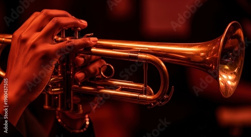 Close-up of hand playing trumpet.