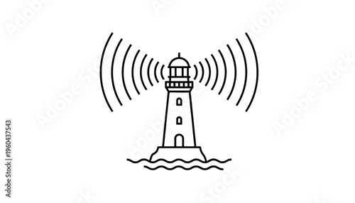 Lighthouse broadcasting signal waves, navigation beacon, maritime communication, safety symbol