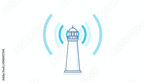 Lighthouse broadcasting signal waves, concept of navigation, communication, and technology