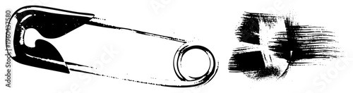 Safety pin rendered in bold black ink with textured brushstroke background, graphic illustration, isolated pin design, vector art, stylized fastener.