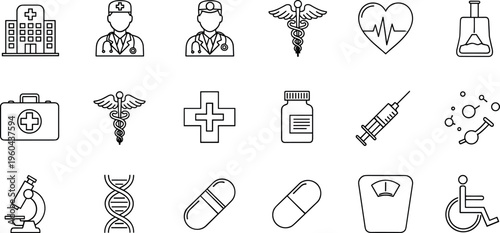 Medical healthcare line icons set with doctor hospital syringe DNA medicine and emergency symbols
