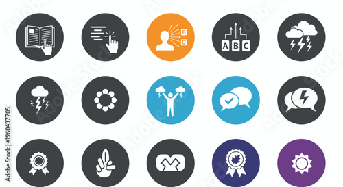Collection of circular social and business icons in various colors.