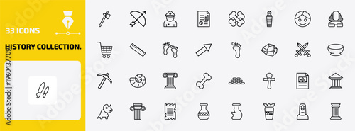 history collection. outline icon set. 33 linear vector for ui, web and mobile. thin line ancient weapon, arc, policeman and more icons.
