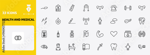 health and medical outline icon set. 33 linear vector for ui, web and mobile. thin line spermatozoon, medical checklist, gum and more icons.