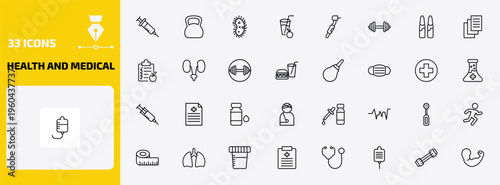 health and medical outline icon set. 33 linear vector for ui, web and mobile. thin line syringe, kettlebell, microbe and more icons.