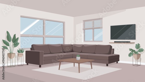 A modern living room with a brown sectional sofa and a large window