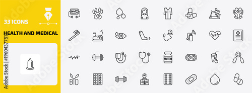 health and medical outline icon set. 33 linear vector for ui, web and mobile. thin line defibrillator, veterinary, blood and more icons.