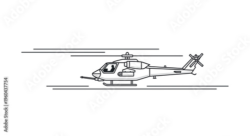 Line Art Military Attack Helicopter Flying Fast, Motion Blur Effect, Vector Illustration
