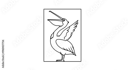 Line Art Pelican with Open Beak, Ready to Catch Fish, Isolated on White Background