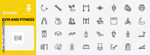 gym and fitness outline icon set. 33 linear vector for ui, web and mobile. thin line exercise bands, arms extender, fitness and more icons.