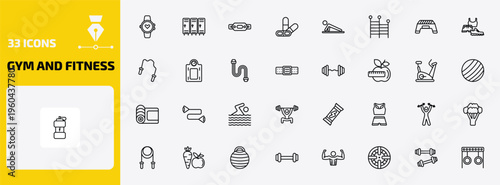 gym and fitness outline icon set. 33 linear vector for ui, web and mobile. thin line training watch, locker, fitness belt and more icons.