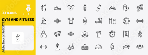 gym and fitness outline icon set. 33 linear vector for ui, web and mobile. thin line sleep, trainers, fitness heart and more icons.