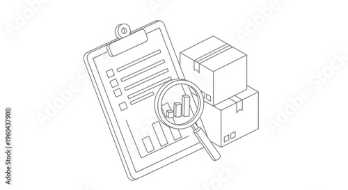 Inventory inspection and quality check with clipboard, magnifier and boxes.