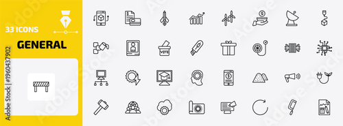 general outline icon set. 33 linear vector for ui, web and mobile. thin line ar app, credit report, creative pencil rocket and more icons.