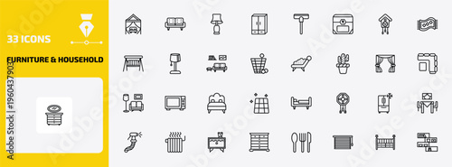 furniture & household outline icon set. 33 linear vector for ui, web and mobile. thin line canopy bed, couch, table lamp and more icons.
