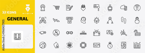 general outline icon set. 33 linear vector for ui, web and mobile. thin line mri scanner, shopping trolley, copywriting and more icons.