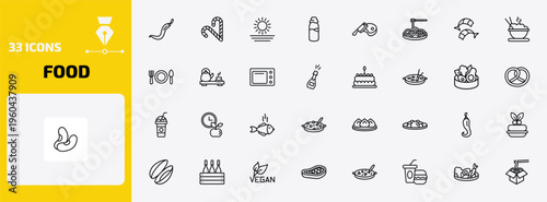 food outline icon set. 33 linear vector for ui, web and mobile. thin line spicy food, christmas candy sticks, morning and more icons.
