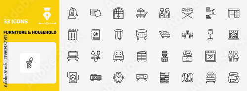 furniture & household outline icon set. 33 linear vector for ui, web and mobile. thin line sump pump, linens, double door and more icons.