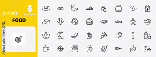 food outline icon set. 33 linear vector for ui, web and mobile. thin line dog food, mantou, drink water and more icons.