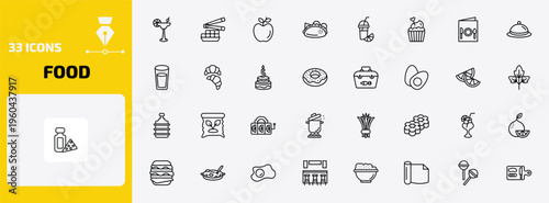 food outline icon set. 33 linear vector for ui, web and mobile. thin line cocktail on a glass, fried tofu curd balls, leaf and more icons.