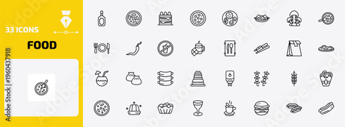 food outline icon set. 33 linear vector for ui, web and mobile. thin line scotch, red bean soup, congratulations and more icons.
