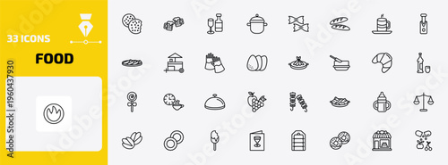 food outline icon set. 33 linear vector for ui, web and mobile. thin line biscuits, beers, alcoholic drinks and more icons.
