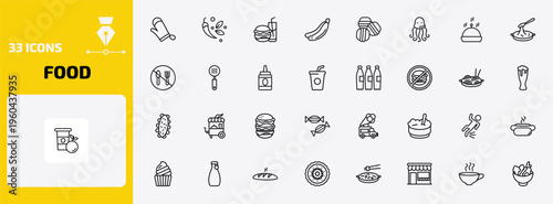 food outline icon set. 33 linear vector for ui, web and mobile. thin line cooking mitts, spices, hamburger and drink and more icons.