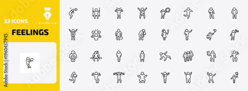 feelings outline icon set. 33 linear vector for ui, web and mobile. thin line pissed off human, free human, aggravated human and more icons.
