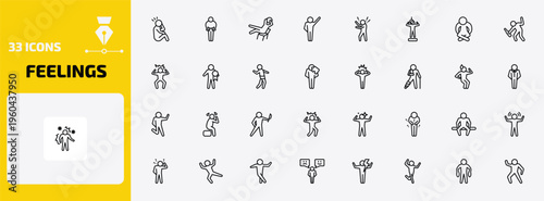 feelings outline icon set. 33 linear vector for ui, web and mobile. thin line sore human, guilty human, lazy human and more icons.