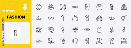 fashion outline icon set. 33 linear vector for ui, web and mobile. thin line precious stone, man printing, hair dye and more icons.