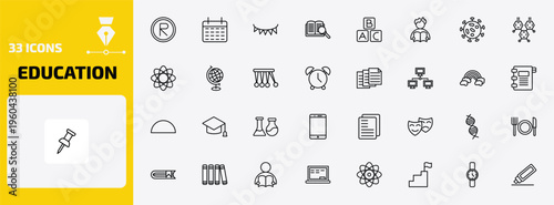 education outline icon set. 33 linear vector for ui, web and mobile. thin line registered, monthly calendar, garland and more icons.