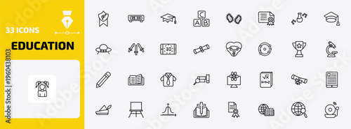 education outline icon set. 33 linear vector for ui, web and mobile. thin line fraternity, digital display 60, graduation cap and more icons.