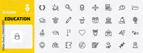 education outline icon set. 33 linear vector for ui, web and mobile. thin line laurel wreath, planet saturn, magnification lens and more icons.