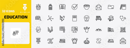 education outline icon set. 33 linear vector for ui, web and mobile. thin line spacetime curvature, adding hine, swinging and more icons.