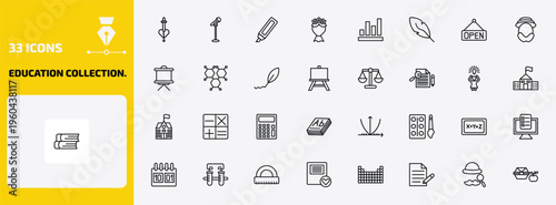 education collection. outline icon set. 33 linear vector for ui, web and mobile. thin line romeo and juliet, microphone with stand, highlighter and more icons.