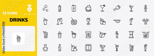 drinks outline icon set. 33 linear vector for ui, web and mobile. thin line drip, tom collins, energy drink and more icons.