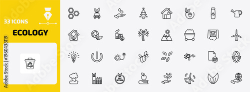 ecology outline icon set. 33 linear vector for ui, web and mobile. thin line eco cell, eco car, raindrop on a hand and more icons.