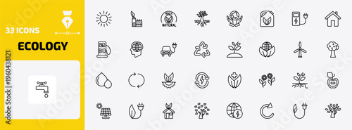ecology outline icon set. 33 linear vector for ui, web and mobile. thin line sunlight, sustainable factory, 100 percent natural and more icons.