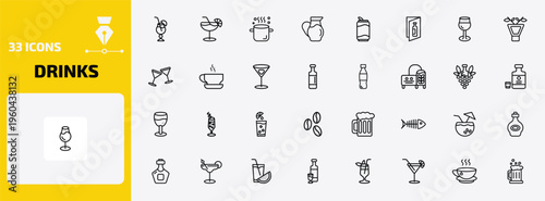 drinks outline icon set. 33 linear vector for ui, web and mobile. thin line blue lagoon, daiquiri, boiling and more icons.