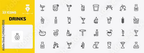 drinks outline icon set. 33 linear vector for ui, web and mobile. thin line last word drink, lime rickey drink, martinez and more icons.