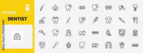 dentist outline icon set. 33 linear vector for ui, web and mobile. thin line dental probe, baby dental, broken tooth and more icons.