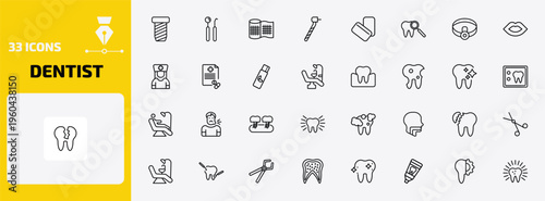 dentist outline icon set. 33 linear vector for ui, web and mobile. thin line implant fixture, dentist tools, gauze and more icons.