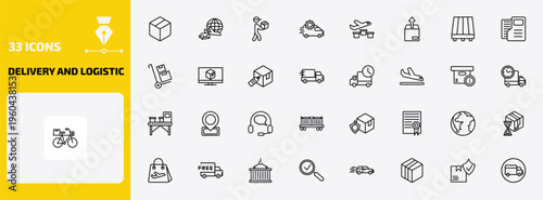 delivery and logistic outline icon set. 33 linear vector for ui, web and mobile. thin line delivery box, air mail, courier and more icons.