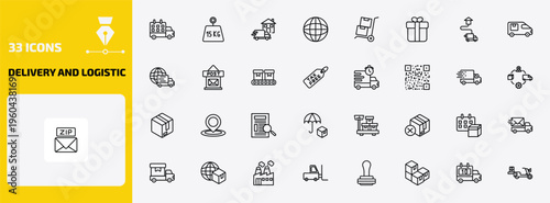 delivery and logistic outline icon set. 33 linear vector for ui, web and mobile. thin line delivery schedule, weight limit, home delivery and more icons.