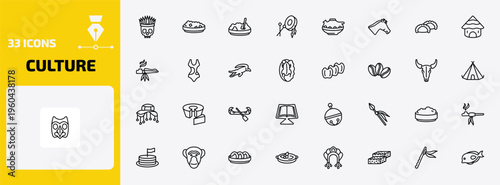 culture outline icon set. 33 linear vector for ui, web and mobile. thin line native american skull, sweet and sour pork, corn with pine and more icons.