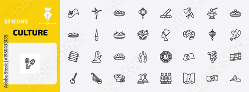 culture outline icon set. 33 linear vector for ui, web and mobile. thin line australian flag, capoeira brazil dancers, beef and garlic and more icons.