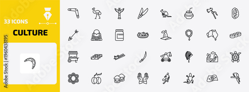 culture outline icon set. 33 linear vector for ui, web and mobile. thin line australian boomerang, australian emu, native american totem and more icons.