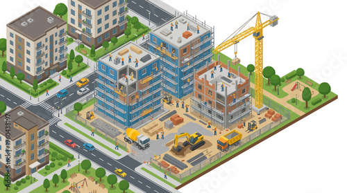 Isometric illustration of urban construction. Residential buildings, workers, and machinery developing a city block.