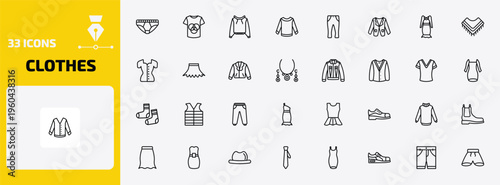 clothes outline icon set. 33 linear vector for ui, web and mobile. thin line underpants, t shirt with de, pullover and more icons.